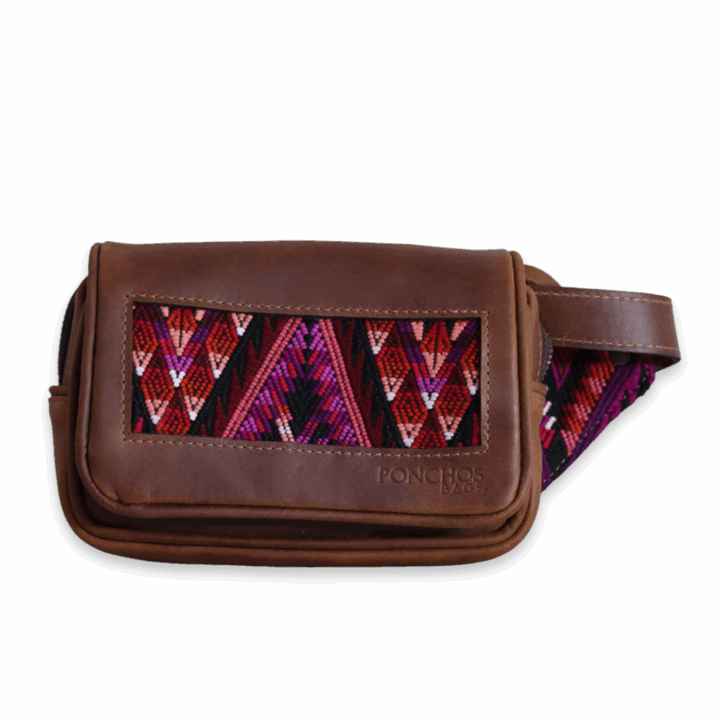 Aruma, a handcrafted leather fanny pack, with a huipil