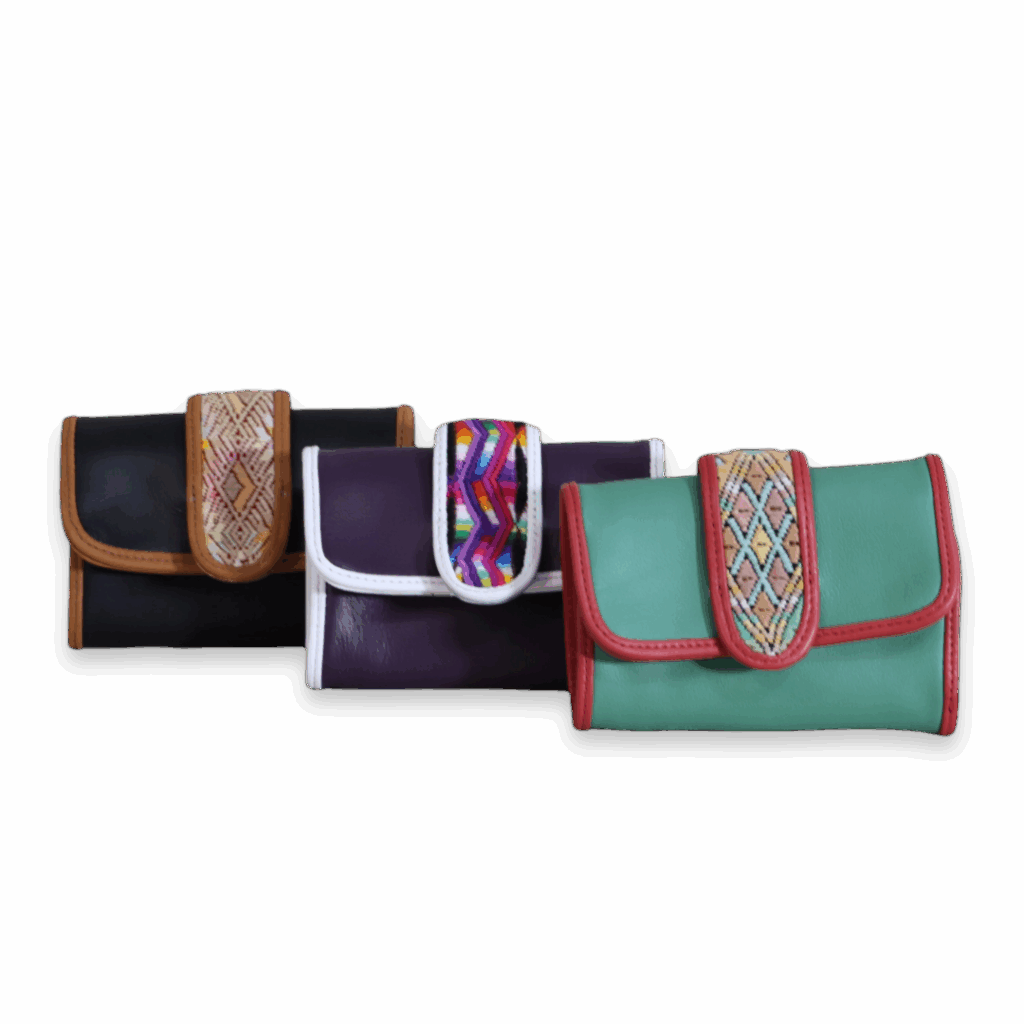 Atitlán, handcrafted leather wallet, with huipil