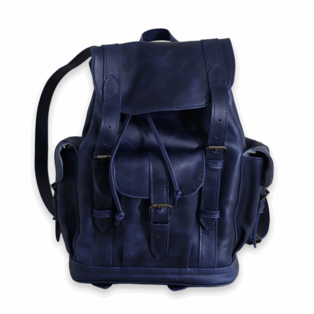 Boneci, backpack with pockets, handmade leather, with huipil