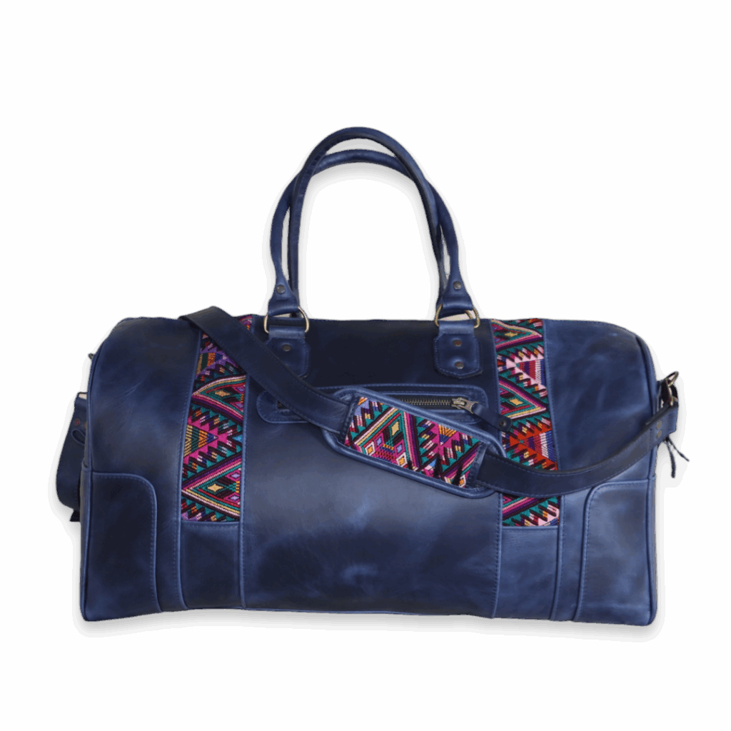 ITZANAMI, a handcrafted leather shoulder bag, with a huipil